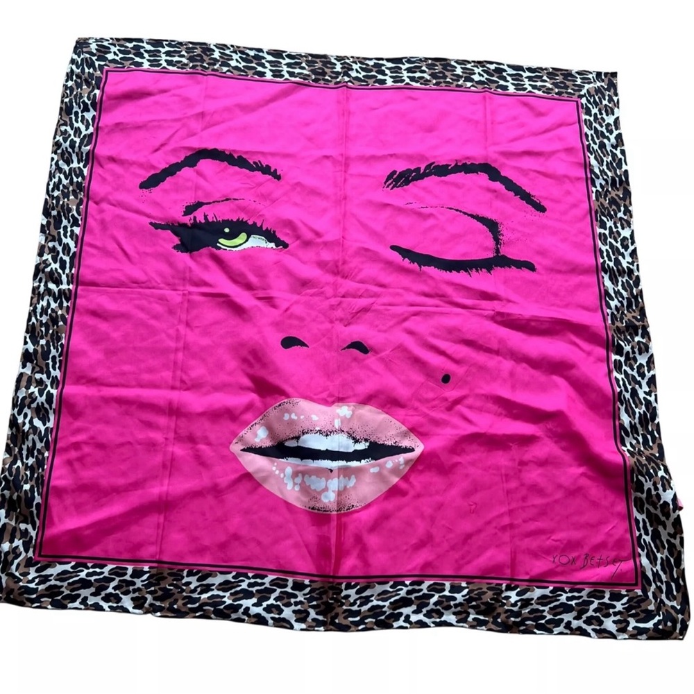 Betsey Johnson Rare Marilyn Pink Winking Face XL Scarf with Leopard Print Border